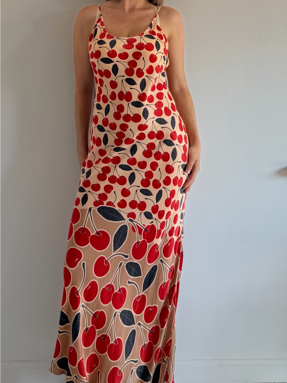 Anthropologie Maeve Cherry Print Slip Maxi Dress Size M / S Viscose Satin Boho - Picture 2 of 6